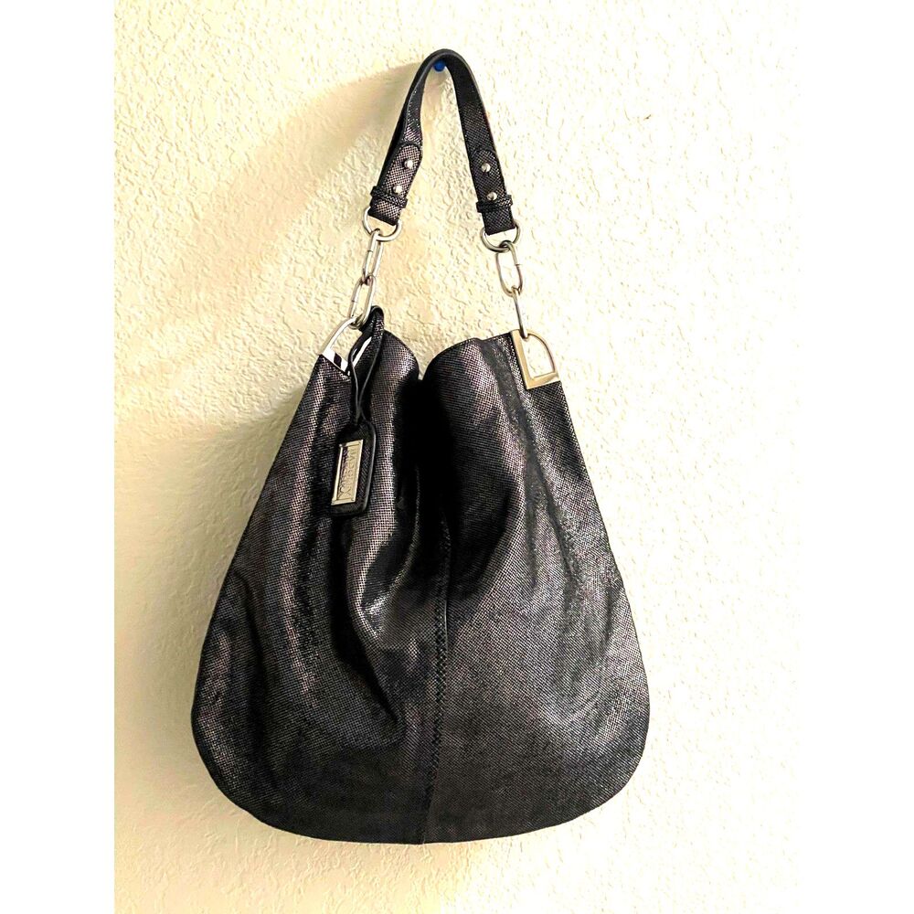 Badgley Mischka Boho Bag Shimmer Hobo Large Shoulder Handbag 15" SilverHardware